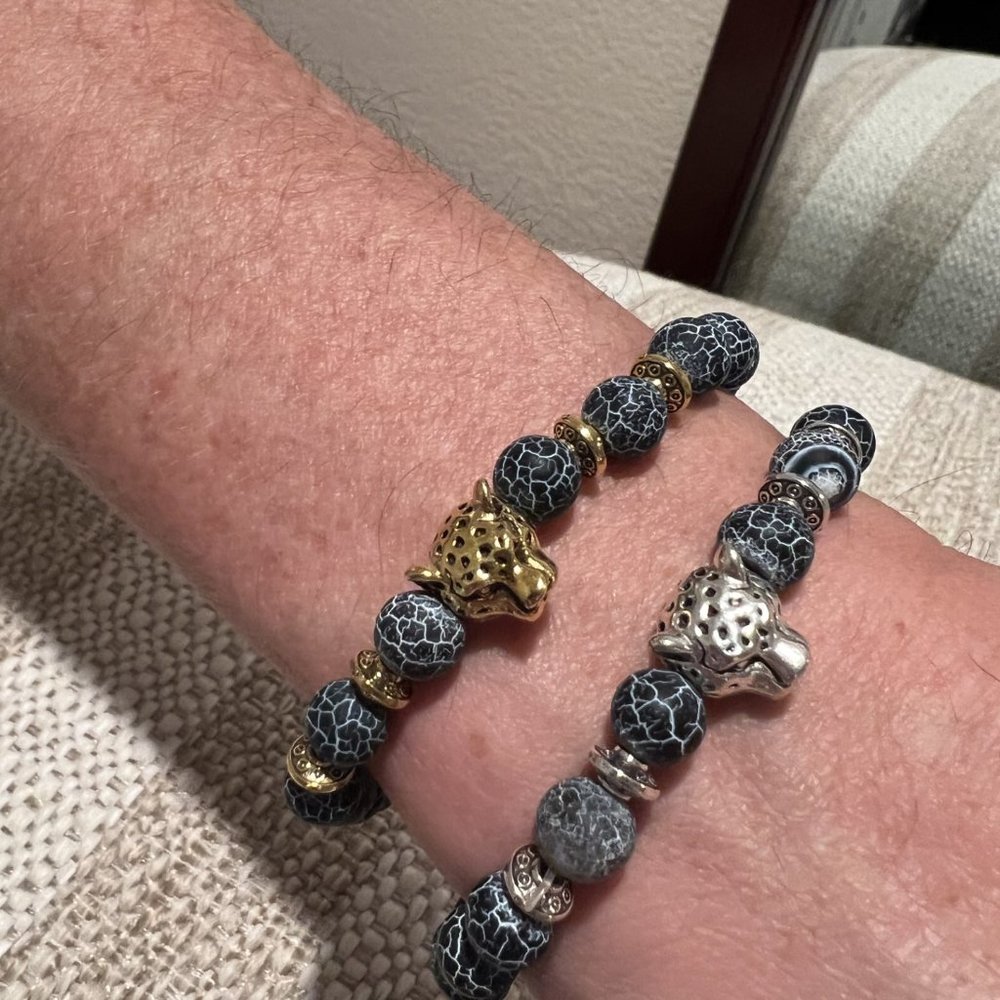 Unisex Blue Agate Stone & Silver Leopard Head Beaded Bracelet NEW - Picture 3 of 5